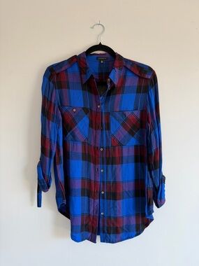 NWT Dynamite Blue Plaid Button-Up Shirt | Roll Tab Sleeves | Size Small